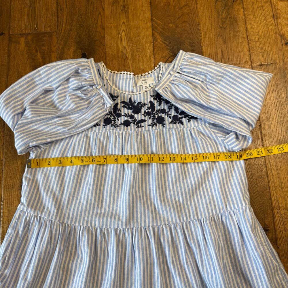 Crown & Ivy Blue White Stripe Boho Peasant Bell Sleeve Cotton Tiered Dress XS - Picture 5 of 7